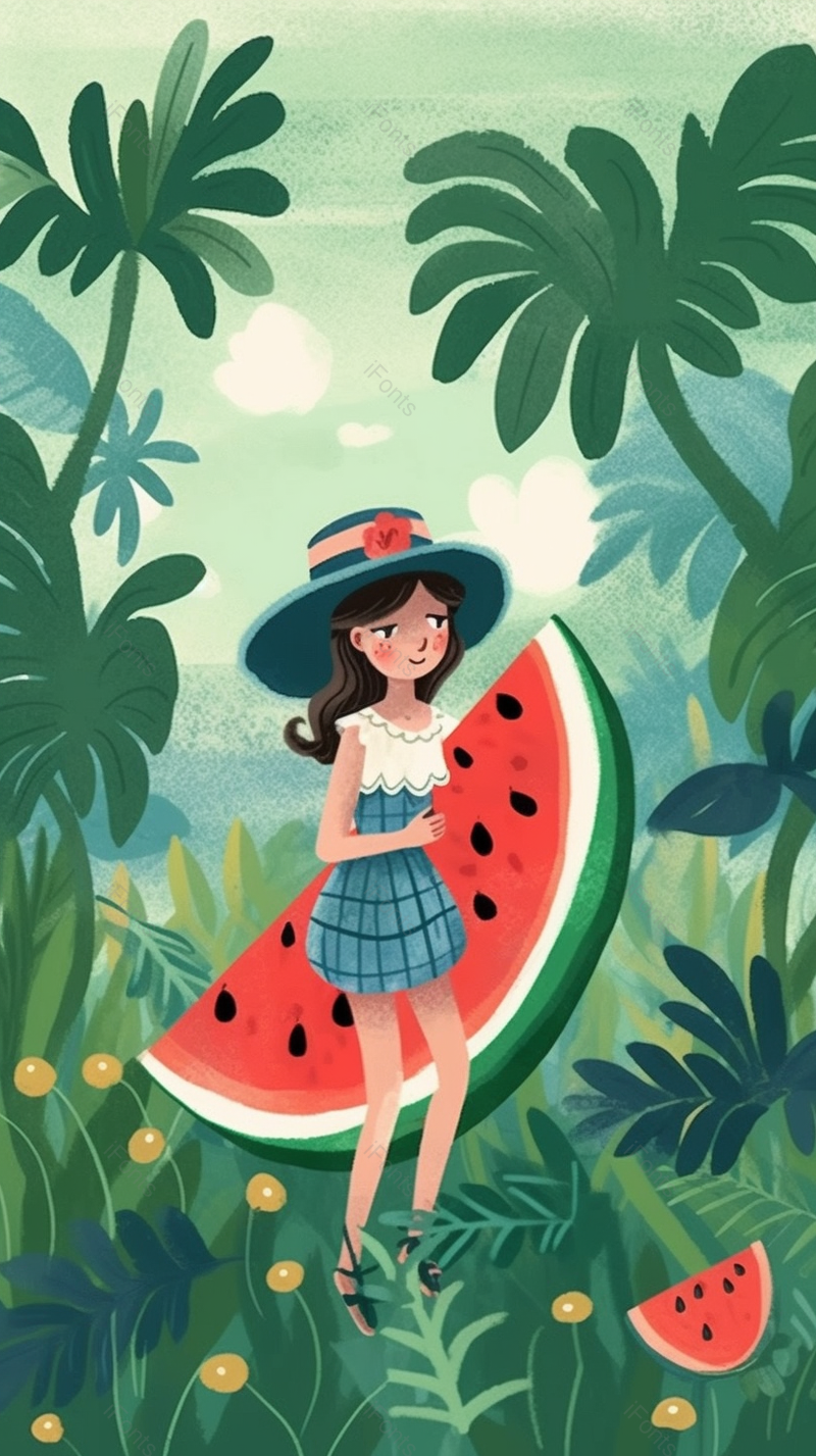 夏天自然田园风光西瓜女孩插画背景,插画/手绘图,插画/手绘图库,插画/手绘图下载,插画/手绘